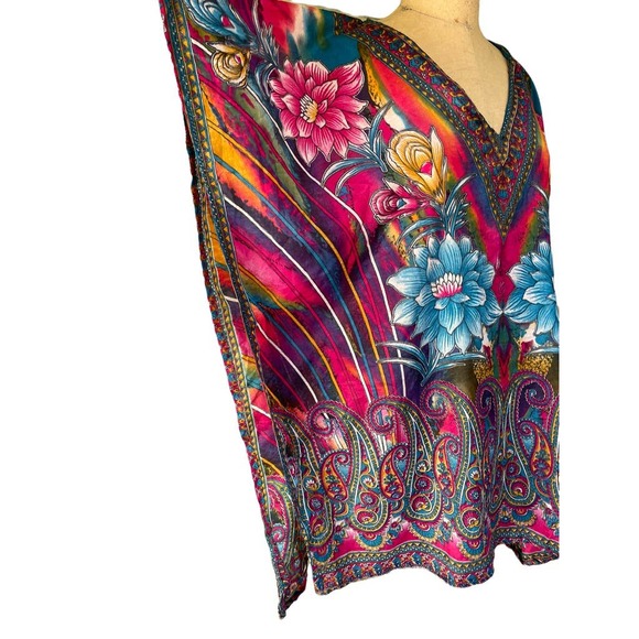 Womens Kaftan House Dress Floral Multicolor Batwing Sleeve V-Neckline - Picture 3 of 7